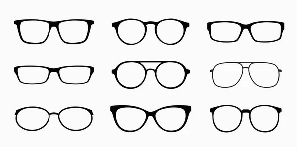 ベクトルガラスモデルのアイコン メガネのシルエットのセット 黒のサングラス白い背景に隔離された様々な形状 — ストックベクタ