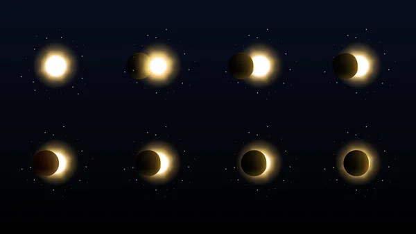 Solar eclipse in different phases. Cosmos with moon and sun in total and partial solar eclipse and stars isolated on transparent background, vector realistic illustration