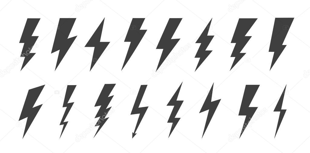 Lightning bolt icons set isolated on white background. Black flash symbol, thunderbolt vector illustration. Simple lightning strike sign