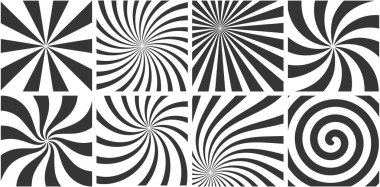 Soyut girdap arkaplan seti. Tatil tasarımı, poster ve afiş kapağı için vektör çizgili retro desenler. Siyah vintage kapak seti