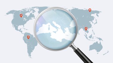 Avrupa 'yı gösteren büyüteçli bir dünya haritası. Hoparlördeki İtalya haritası. Vektör illüstrasyonu