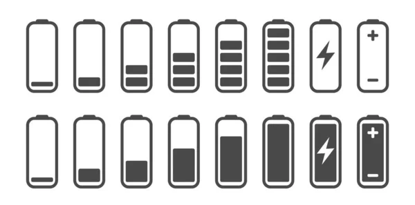 Batterie Symbole Gesetzt Akkuladestand Ladesymbol Vektor Umriss Illustration Flachen Stil — Stockvektor