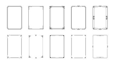 Dekoratif çerçeve seti. Beyaz arkaplanda vektör vintage çerçeveler. Düğün tasarım elementleri. Madalyalı sınırlar