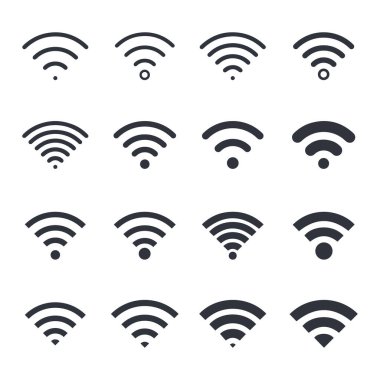 Kablosuz ağ simgesi hazır. Kablosuz internet sembolü. Farklı siyah kablosuz internet simgeleri. Bedava internet bölgesi işareti koleksiyonu. Ağ bağlantısı. Sıcak nokta simgesi. Vektör illüstrasyonu
