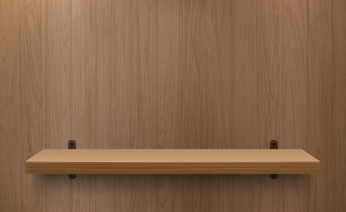 Ahşap raf vektör modeli. Raflı ahşap doku. Ürün gösterimi için gerçekçi boş ahşap arkaplan