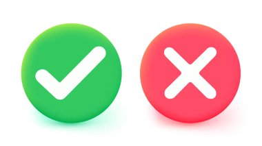 Yeşil işaret ve kırmızı işaret simgesi. İzole edilmiş kene sembolleri, kontrol listesi işaretleri, onay rozeti. Kontrol işareti tasarımı, vektör illüstrasyonu