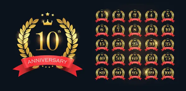 Conjunto Logotipo Aniversario Oro Para Evento Celebración Boda Tarjeta Felicitación Vector de stock