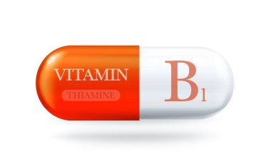 B1 vitamini simgesi. Tiamin B hap kapsülü. Vektör 3d illüstrasyon
