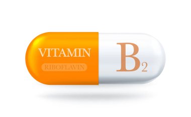 B2 vitamini ikonu. Riboflavin B hap kapsülü. Vektör 3d illüstrasyon