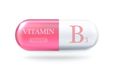 B3 vitamini simgesi. Niasin B hap kapsülü. Vektör 3d illüstrasyon
