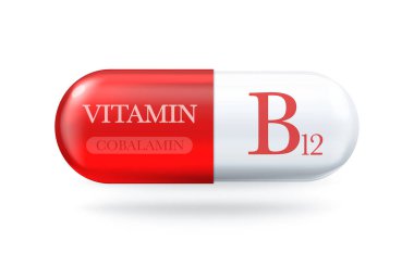 B12 vitamini simgesi. Kobalamin B vitamin kompleksi. Hap kapsülünü bırak. Vektör 3d illüstrasyon