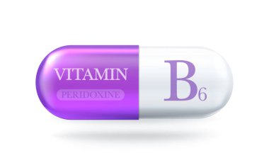 B6 vitamini simgesi. Peridoksin B vitamin kompleksi. Hap kapsülünü bırak. Vektör 3d illüstrasyon