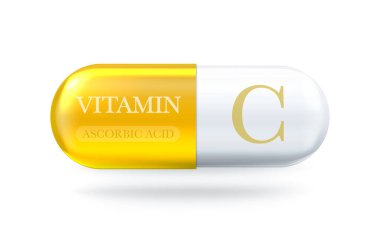 C vitamini ikonu. Ascorbic asit C vitamin kompleksi. Hap kapsülünü bırak. Vektör 3d illüstrasyon