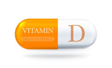 D vitamini ikonu. Ergocalciferol D3 vitamin kompleksi. Hap kapsülünü bırak. Vektör 3d illüstrasyon