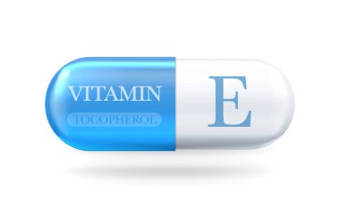 E vitamini ikonu. Tocopherol E vitamin karışımı. Hap kapsülünü bırak. Vektör 3d illüstrasyon
