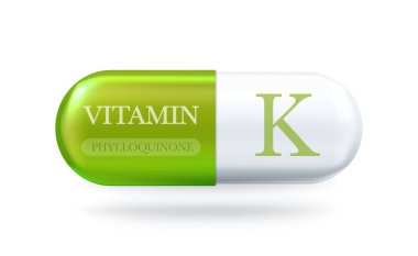 K vitamini ikonu. Phylloquinone K vitamin kompleksi. Hap kapsülünü bırak. Vektör 3d illüstrasyon