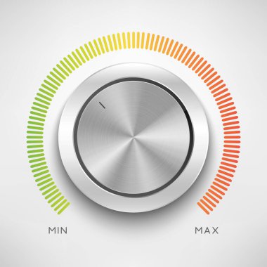 Realistic metal control panel tumbler. Music audio sound volume knob button minimum maximum level. Rotate switch interface. Vector illustration
