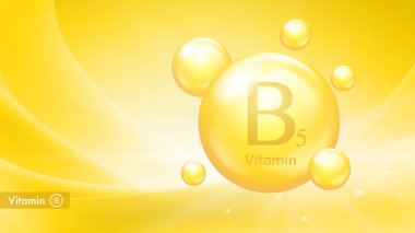 Damla köpüklü B5 vitamini taşıyıcı pankartı. B vitamini kompleksinin tıbbi posteri. Sağlık ve güzellik hizmetleri. Besleyici takviyeler