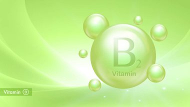 Damla köpüklü B2 vitamini vektör pankartı. B vitamini kompleksinin tıbbi posteri. Sağlık ve güzellik hizmetleri. Besleyici takviyeler