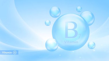 Damla köpüklü B7 vitamini vektör pankartı. B vitamini kompleksinin tıbbi posteri. Sağlık ve güzellik hizmetleri. Besleyici takviyeler