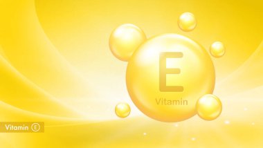 Atlama baloncuklu E vitamini taşıyıcı pankartı. E vitamin kompleksinin tıbbi posteri. Sağlık ve güzellik hizmetleri. Besleyici takviyeler
