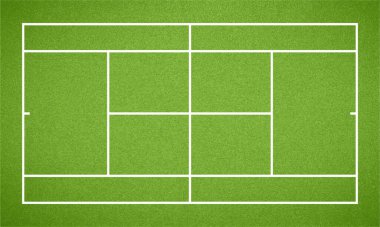 Tenis kortu. Yeşil çimen desenli ve çerçeveli üst manzara tenis sahası. Vektör illüstrasyonu