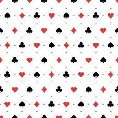 Kart takımlarıyla kusursuz desen. Kumarhane, poker geçmişi. Kalpler, sinekler, maça ve elmas şekiller. Vektör EPS10