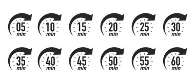 Zamanlayıcı, kronometre simgeleri. 5 'ten 60' a kadar farklı dakikaları olan bir saat. Geri sayım ayarlandı. Teslimat zamanı demek. Spor ya da yemek saatleri. Vektör illüstrasyonu