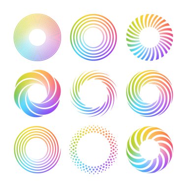 Set of simple spirals. Abstract swirl shapes with multi color gradient. Twisting circles. Summer design elements. Isolated vector icons clipart