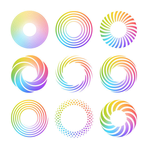 Set of simple spirals. Abstract swirl shapes with multi color gradient. Twisting circles. Summer design elements. Isolated vector icons
