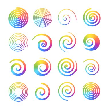 Gökkuşağının renk spiralleri. Parlak çok renk eğimli soyut girdap şekilleri. Dönen daireler. Yaz tasarım elementleri İzole vektör simgeleri