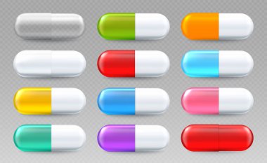 Vektör 3 boyutlu gerçekçi tıbbi hap ikonu ayarlandı. Sağlık hizmetleri EPS 10 için tıbbi kapsüller, vitaminler