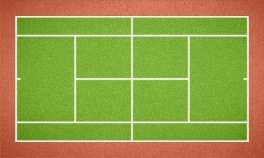 Gerçekçi tenis sahası. Yeşil ve kahverengi çimen desenli ve çerçeveli tenis kortu. Vektör EPS 10