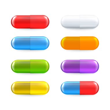 Vektör 3 boyutlu gerçekçi tıbbi hap ikonu ayarlandı. Sağlık hizmetleri EPS 10 için tıbbi kapsüller, vitaminler