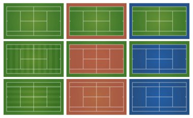 Tenis kortunun vektörü, yukarıdan farklı zemin renginde. Yeşil, kahverengi ve mavi oyun parkı olan gerçekçi bir tenis sahası. Vektör EPS 10