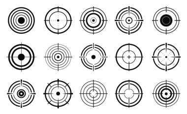 Siyah hedef simgeleri. Keskin nişancı sembolü, nişan ve nişan işareti. Vektör illüstrasyonu EPS10