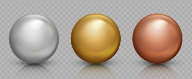 Krom cam toplar hazır. Altın, gümüş ve bronz küre. Parıltılı gerçekçi üç boyutlu top. Mücevher mücevheri. Tasarımınız için vektör illüstrasyonu