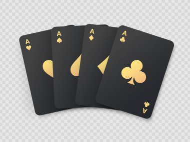Altın sembollü siyah poker kartları. Altın kart takımları. Kağıt oynayan dört as. Kumarhane kumar oyunu. Poker eli kazanmak. Vektör EPS10
