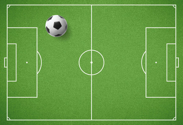 Футбольное поле с мячом. Футбольная площадка с зеленой текстурой травы и рамой. Векторная иллюстрация