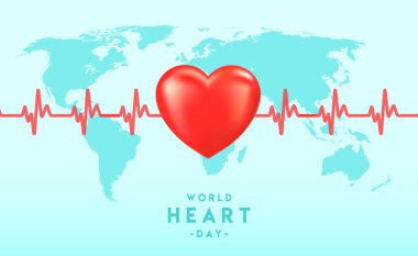 Dünya Kalp Günü. Mavi arka planda dünya haritası olan kırmızı insan kalbi. Sağlık posteri, afiş. Vektör EPS 10