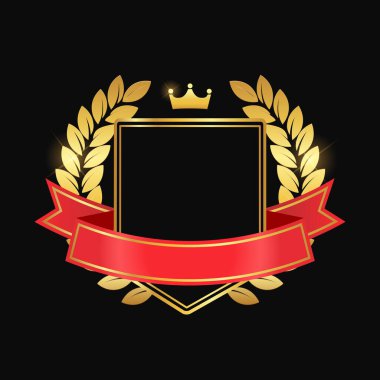 Defne çelengi ve kurdeleli altın bir simge. Altın ödül çerçevesi. Birincilik madalyası. Ödül simgesi, kazanan amblemi. Vektör illüstrasyonu EPS 10
