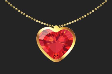 Kırmızı kalp şeklinde yakutlu altın bir kolye. Siyah arka planda altın aksesuar. Sevgililer günü, evlilik yıldönümü hediyesi. Vektör EPS 10