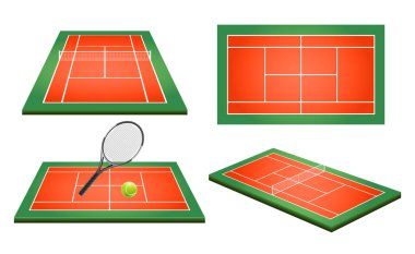 Gerçekçi tenis sahası. Yeşil ve kahverengi çimenli ve çizgi çerçeveli tenis kortu manzarası ve perspektifi. Vektör EPS 10