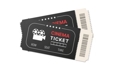 Beyaz arka planda izole edilmiş iki siyah sinema bileti. Gerçekçi sinema biletleri. Konser, tiyatro ya da sinema kuponu. Kart girişi ve koltuk numaraları. Vektör EPS 10