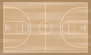 Tahta basketbol sahası. Basketbol sahası çizgisi. Basketbol topu stadyumunun planı. Vektör illüstrasyonu