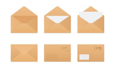 Zarflar kapalı, açık, posta pullu. Katlanmış ve açılmış kahverengi kraft kağıt zarf seti. Vektör klipsi sanat koleksiyonu