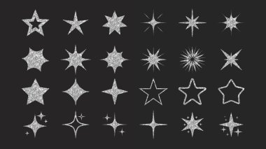 Gümüş yıldız seti. Tasarımınız için siyah arkaplanda izole edilmiş parlak desenli yıldız simgeleri. Başarı simgeleri. Vektör EPS 10