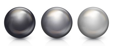 Gümüş ve siyah cam toplar hazır. Dekorasyon için ışıltılı ve röfleli gerçekçi üç boyutlu küre. Mücevher mücevheri. Tasarımınız için vektör illüstrasyonu