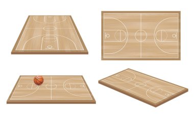 Tahta basketbol sahası. Basketbol sahası çizgisi. Basketbol sahası stadyumu manzarası ve perspektifi. Vektör EPS 10