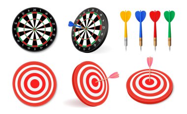 Dartboard vektör simgesi ayarlandı. Bar dart oyunu için okları olan siyah ve kırmızı dart tahtası. İş hedefi simgesi